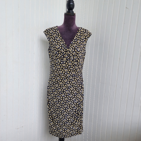 Ralph Lauren Women Dress Stretch Navy Yellow White Cap Sleeve Pleated Sheath 10 - Picture 1 of 15